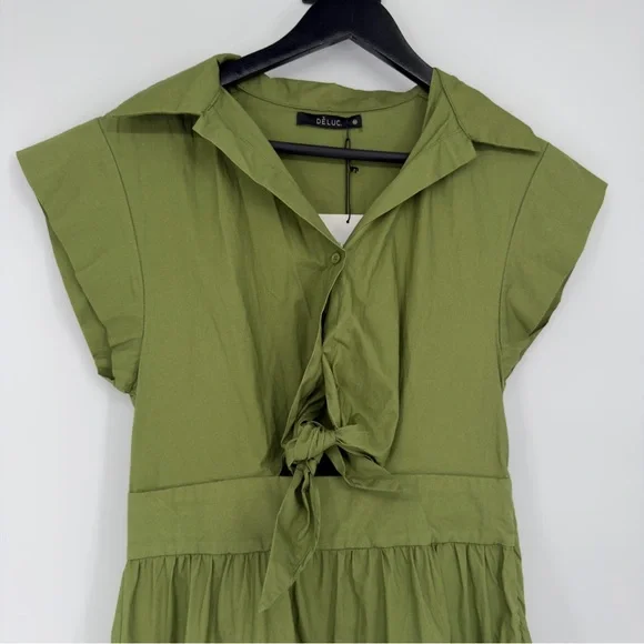 NEW DELUC Green Olive Frilly Mini Tiered Dress Sz Medium - Picture 3 of 7